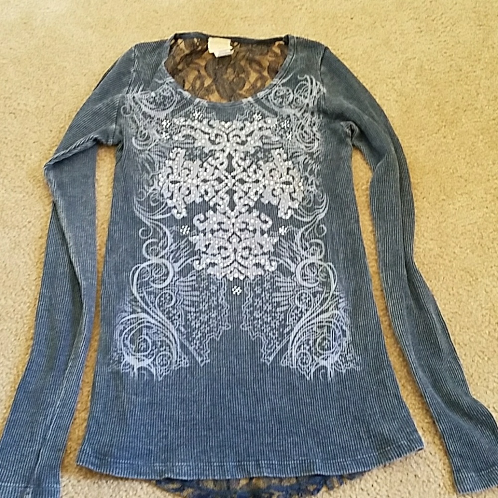 Day Trip blue lace pattern rhinestone shirt